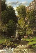 Gustave Courbet A Family of Deer in a Landscape with a Waterfall oil painting on canvas